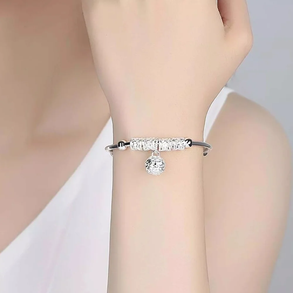 Silver Bell Beaded Elegant Dainty Adjustable Bangle Bracelet Jingle Bells Ball